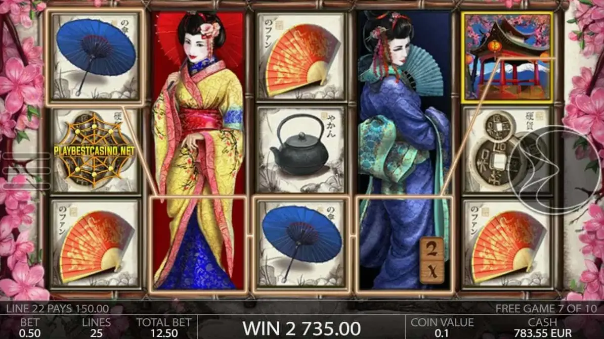 Geisha slot demo mode showing game interface with Japanese theme
