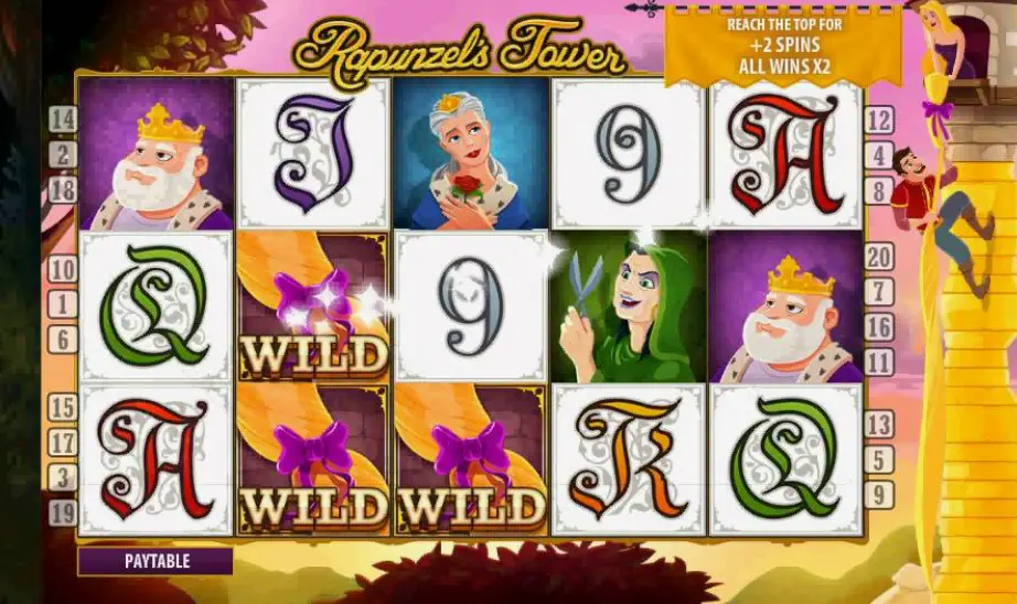 Rapunzel's Tower gameplay showing the main screen with reels and fairy tale characters
