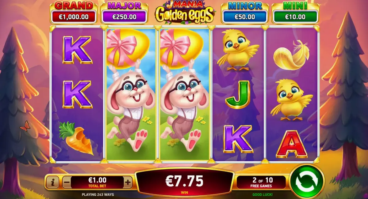 Game interface showing reels and bonus features of J Mania Golden Eggs slot