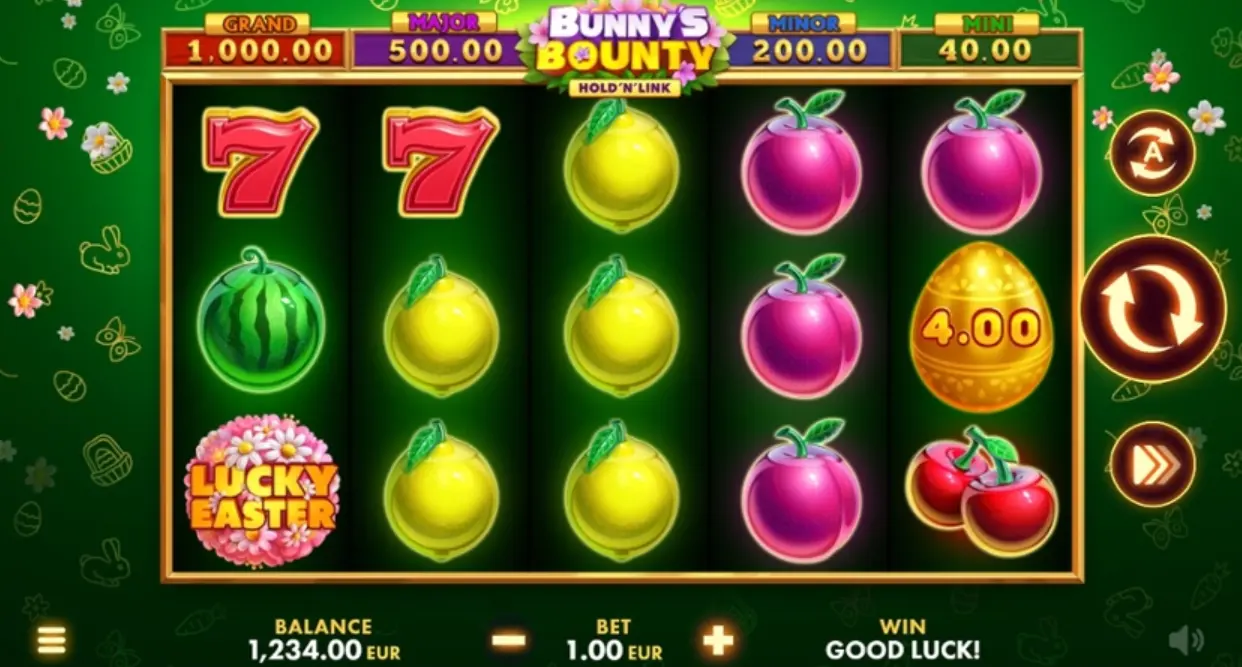 Bunny's Bounty slot game main screen showing reels and Easter theme