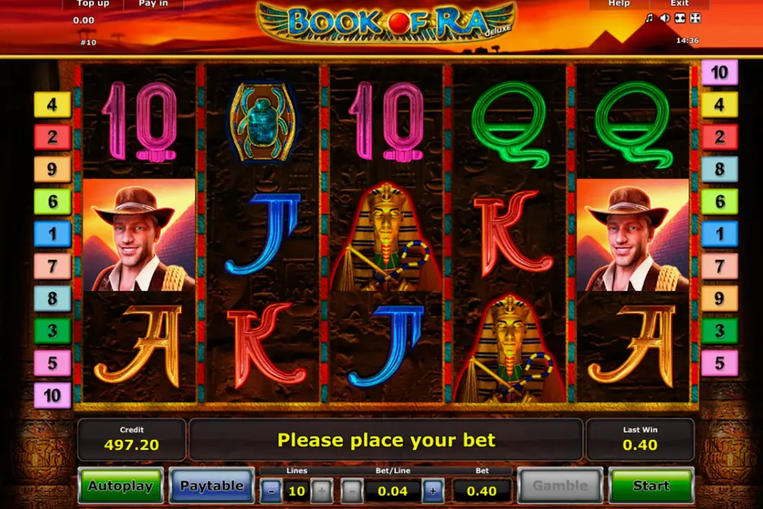 Book Of Ra Deluxe Demo Mode interface showing game reels and controls