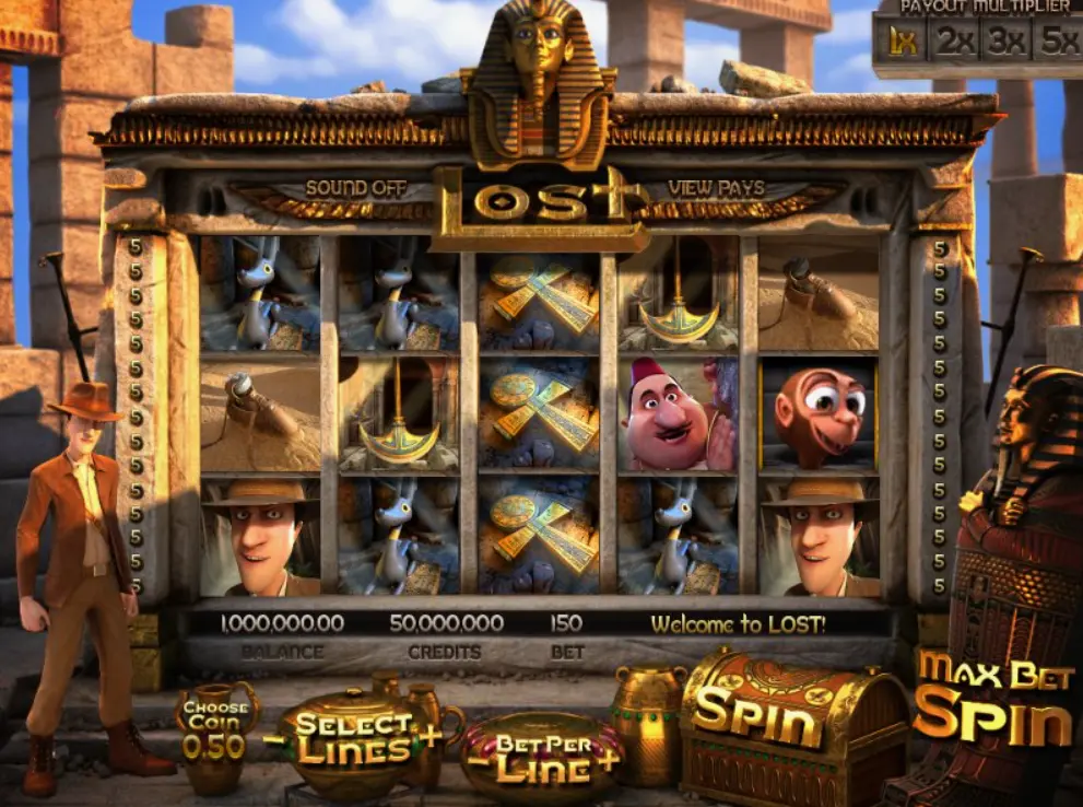 Lost slot demo mode showing the game interface with Egyptian temple background
