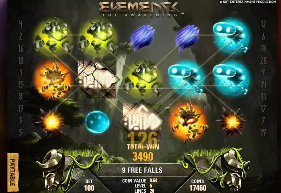 Game rules interface showing paylines and betting options in Elements The Awakening