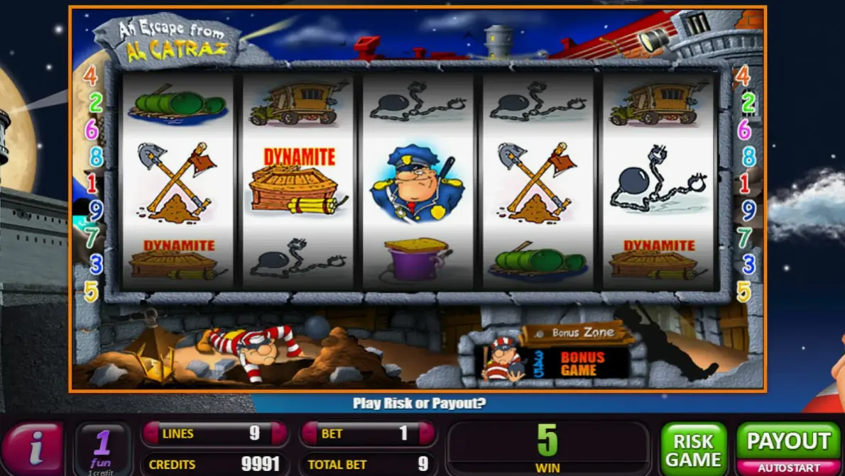 Game interface showing Escape From Alcatraz slot rules and paytable