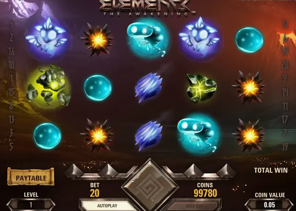 Demo mode interface showing gameplay elements and elemental symbols