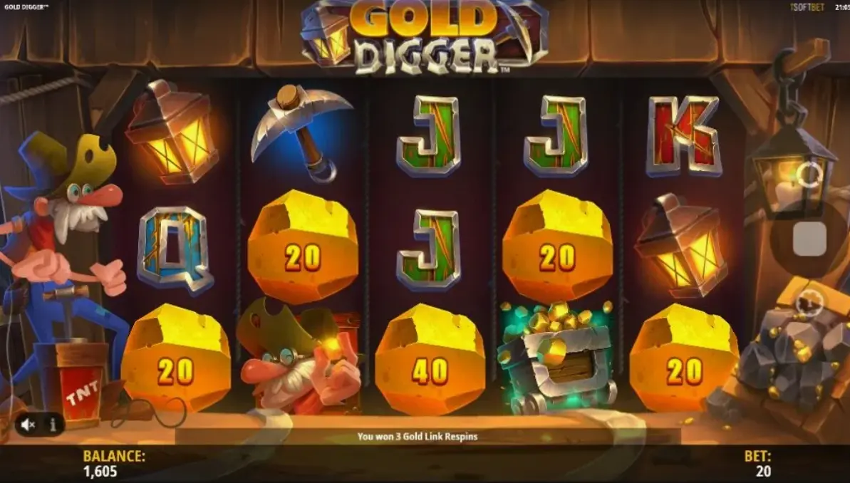Demo gameplay screen showing the mine setting and character symbols in Gold Diggers slot
