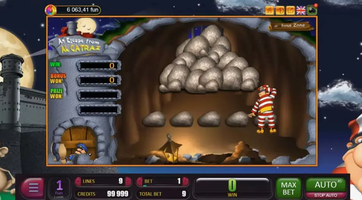 Demo version interface of Escape From Alcatraz slot showing gameplay options