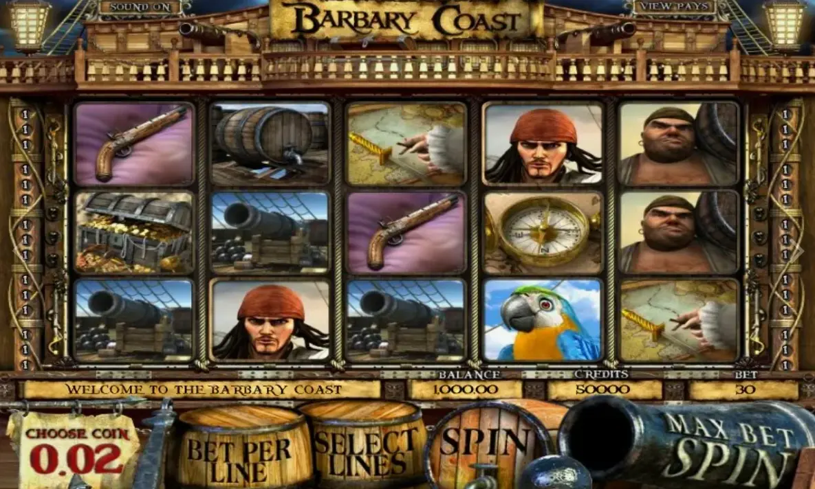 Barbary Coast game rules showing paytable and bonus features