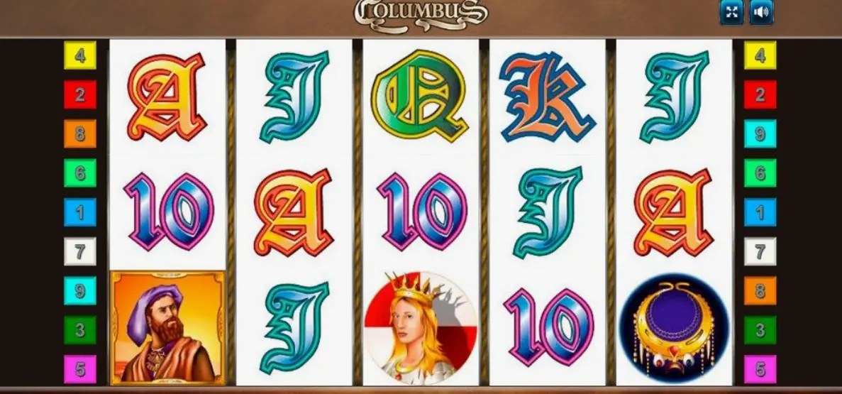 Columbus Slot Features showing the game interface with reels and navigation instruments