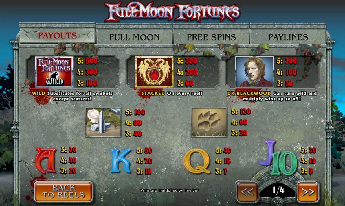 Full Moon Fortunes Game Rules Display