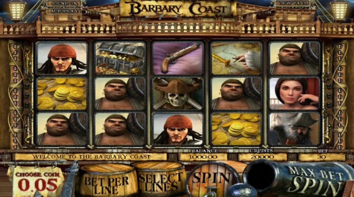 Barbary Coast demo mode interface showing game controls and paytable