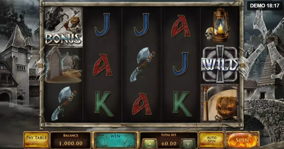 Game mechanics of Jack O'Lantern vs The Headless Horseman slot showing the reels and symbols
