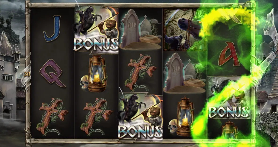 Demo mode interface of Jack O'Lantern vs The Headless Horseman slot showing gameplay screen