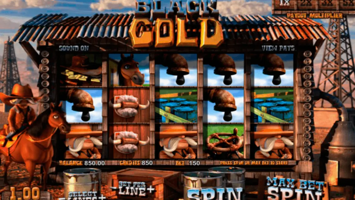 Texas oil field slot machine interface with betting controls and reels
