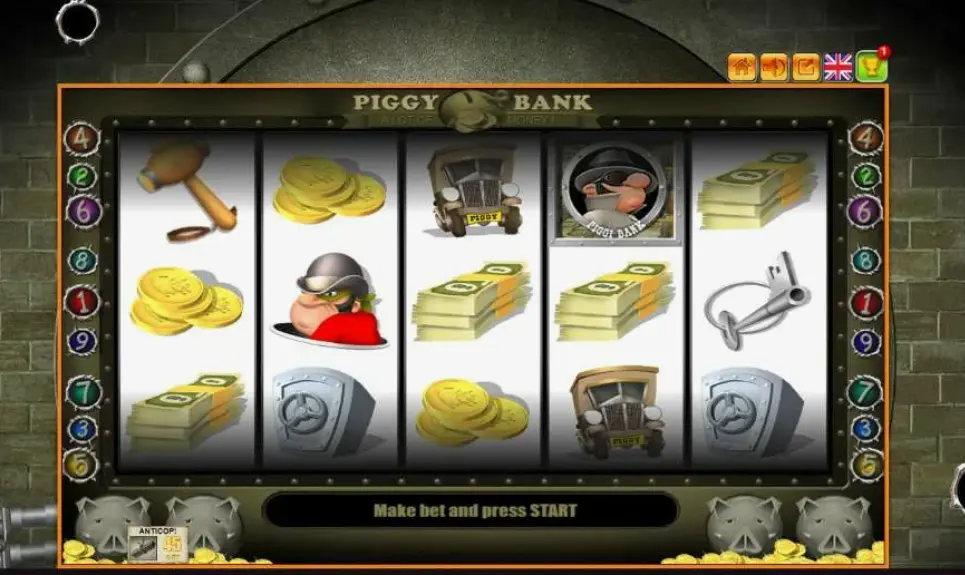 Interface showing Piggy Bank slot rules and paytable