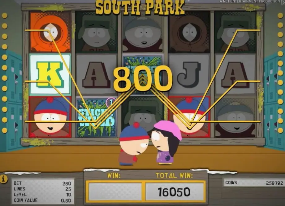 South Park slot rules display showing paytable and gameplay information