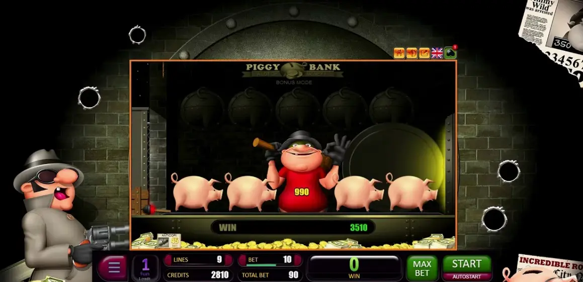 Piggy Bank slot interface showing gameplay elements and bonus features