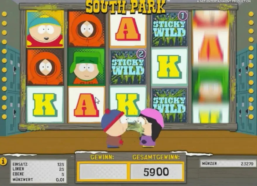 South Park slot game screen showing main gameplay interface with characters