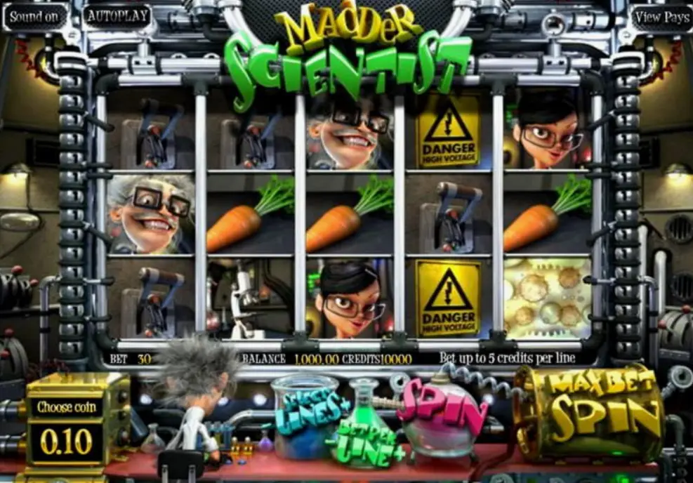Screenshot of Madder Scientist slot demo mode interface