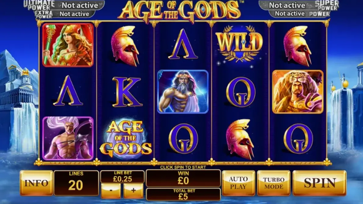 Game interface of Age of the Gods slot showing reels and control panel