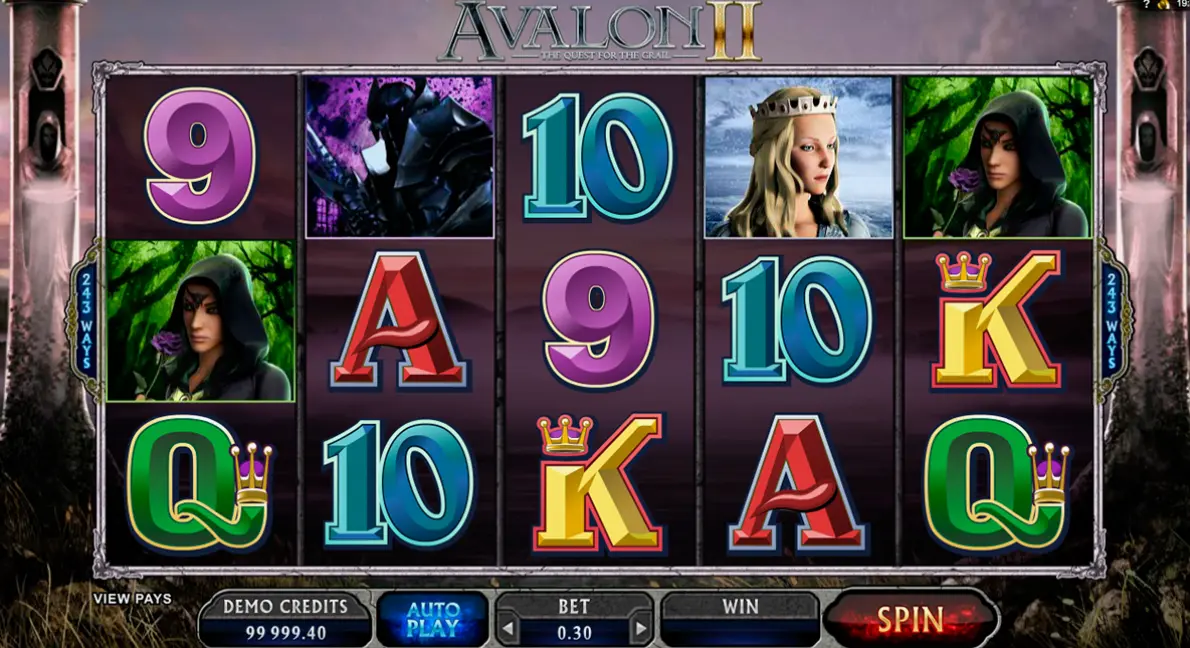 Game interface showing the rules panel of Avalon II slot with paytable information