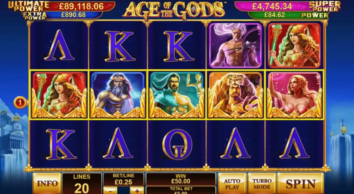 Screenshot of Age of the Gods demo mode showing free play options