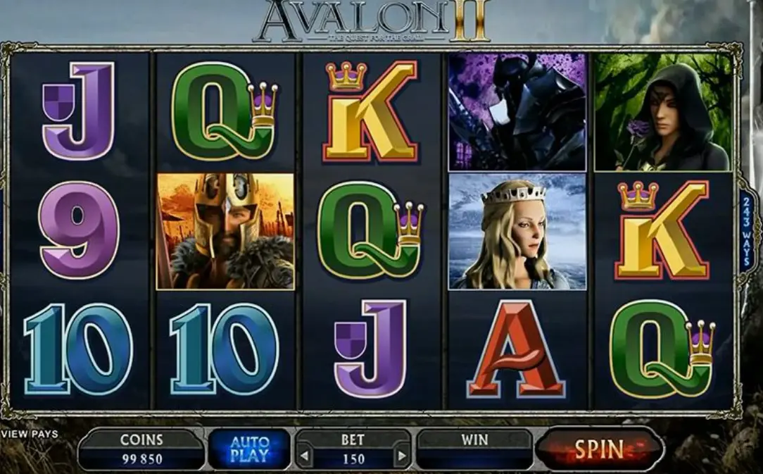 Screenshot showing Avalon II slot game in demo mode with fantasy medieval theme