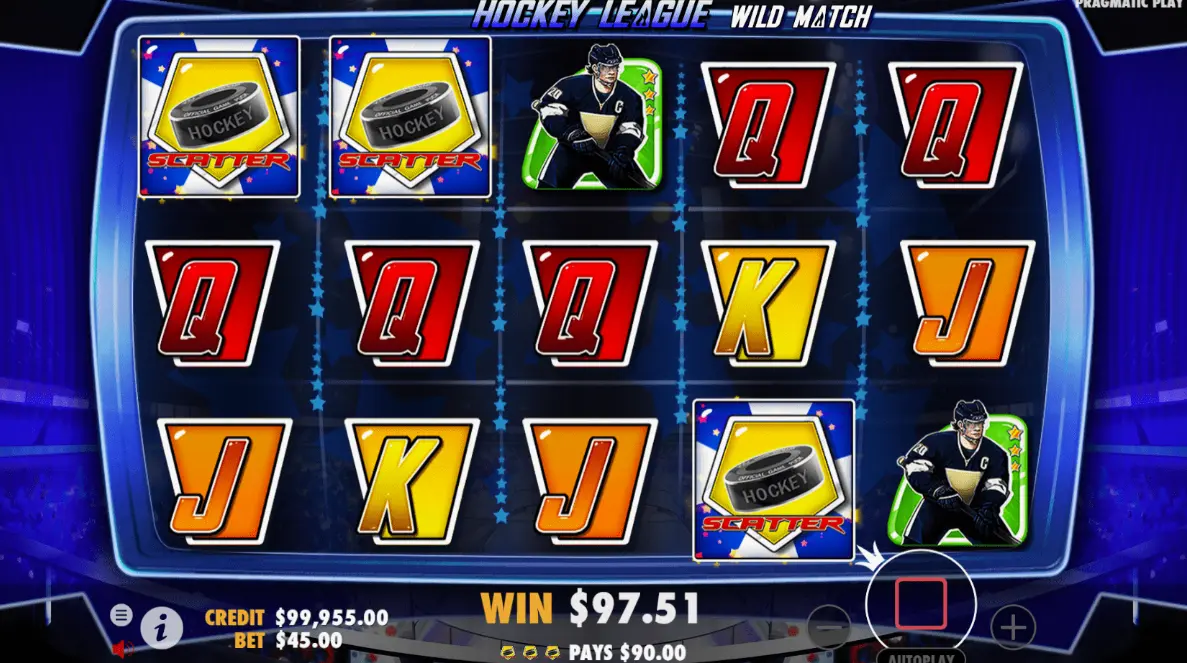 Hockey League Wild Match gameplay interface showing the reels and betting options