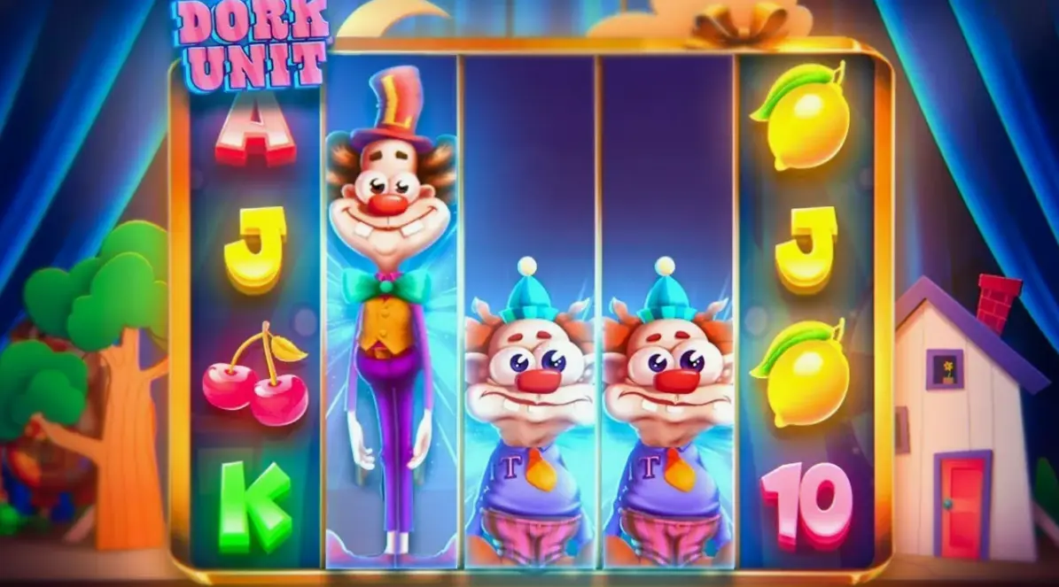Circus-themed slot game interface with colorful reels and circus backdrop