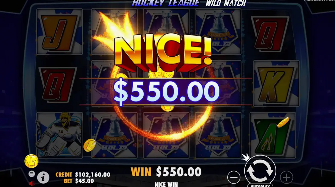 Hockey League Wild Match demo mode showing a winning combination on the slot reels
