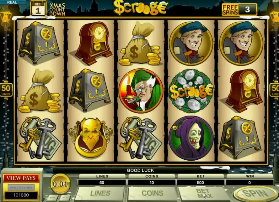 Scrooge Slot Game Rules showing paylines and symbols