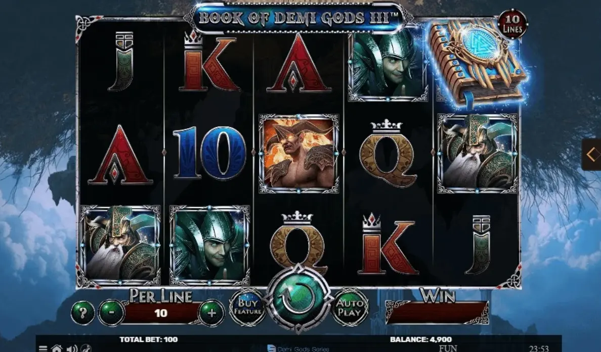 Demi Gods III slot game interface showing reels and Greek mythology symbols