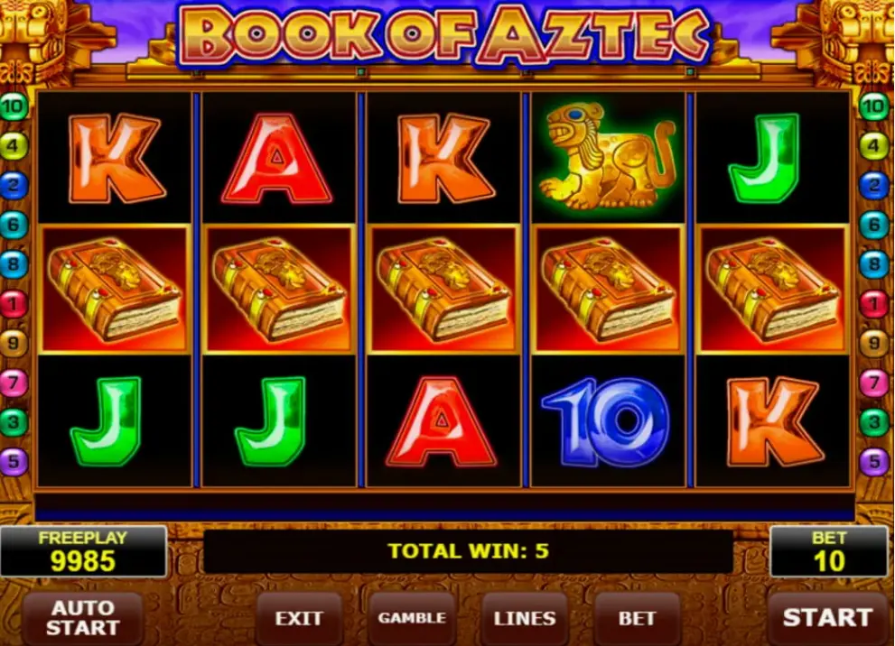 Book Of Aztec slot features showing the game interface with Aztec symbols and book scatter