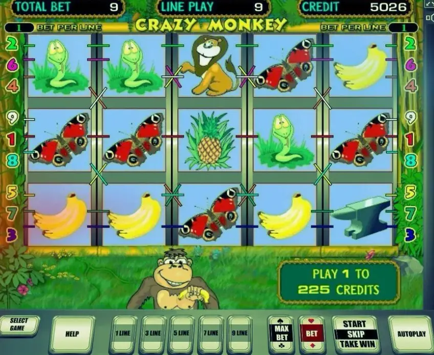 Crazy Monkey slot game demo mode showing the bonus feature with ropes