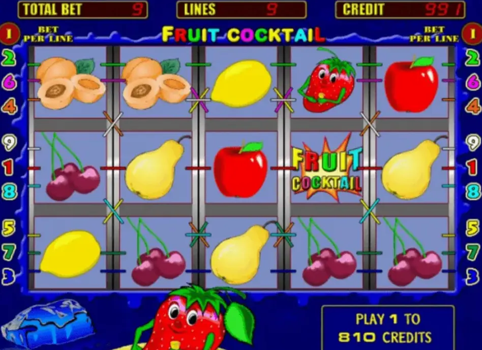 Fruit Cocktail slot machine gameplay showing bonus features