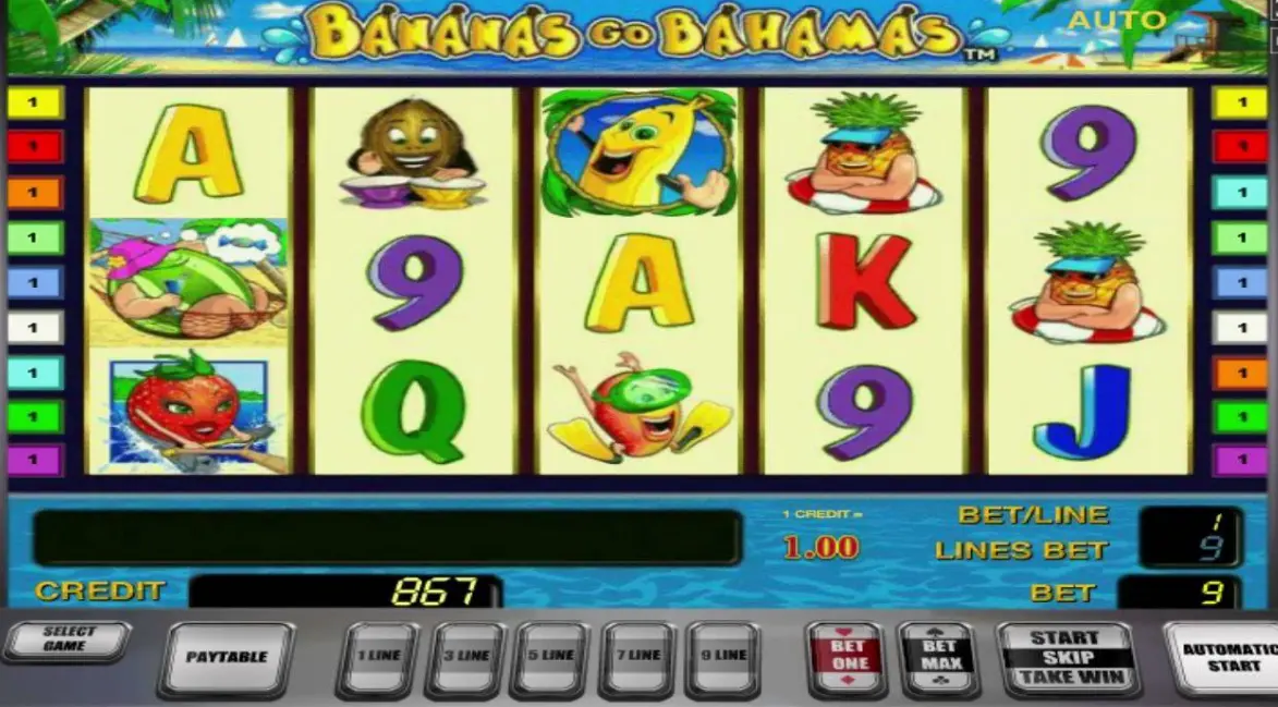 Game interface of Bananas Go Bahamas slot with control panel