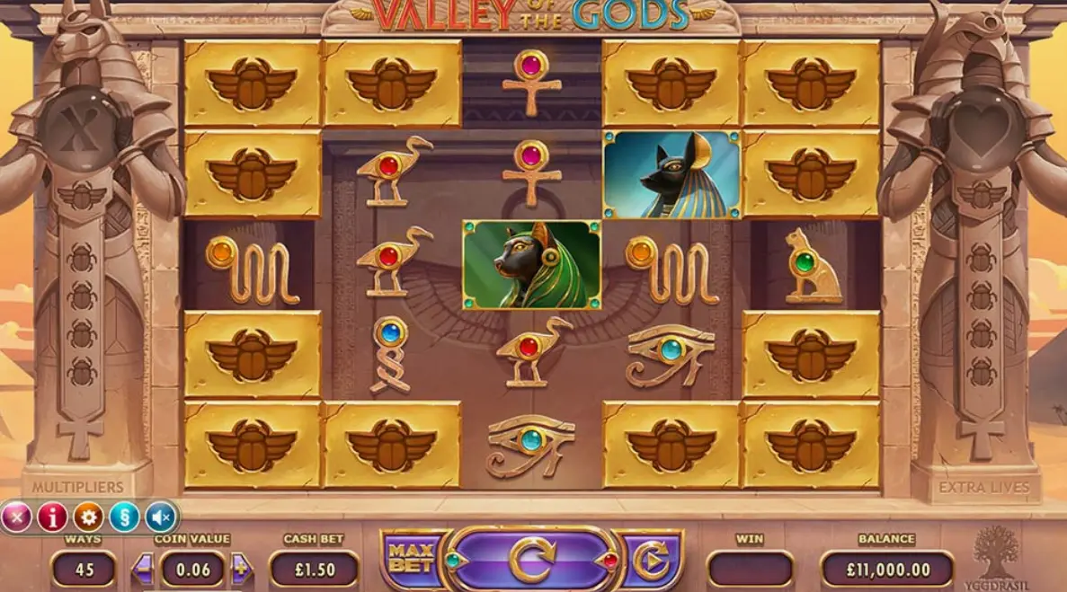 Valley Of The Gods game interface showing reels and ancient Egyptian symbols