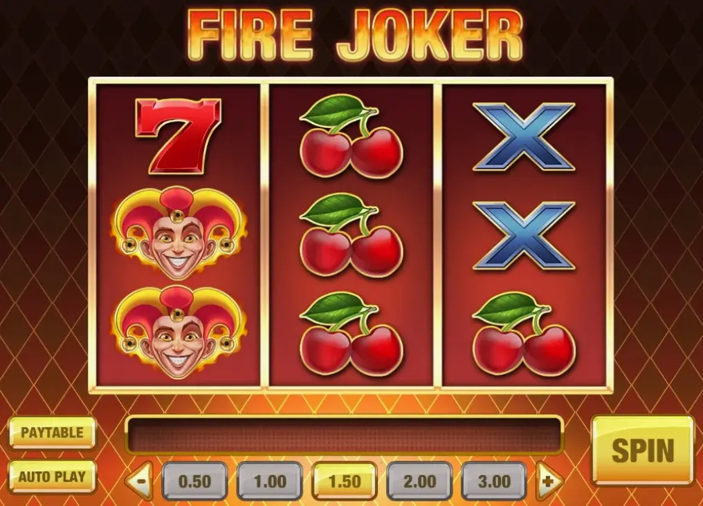 Fire Joker demo gameplay showing the 3x3 grid with fruit symbols