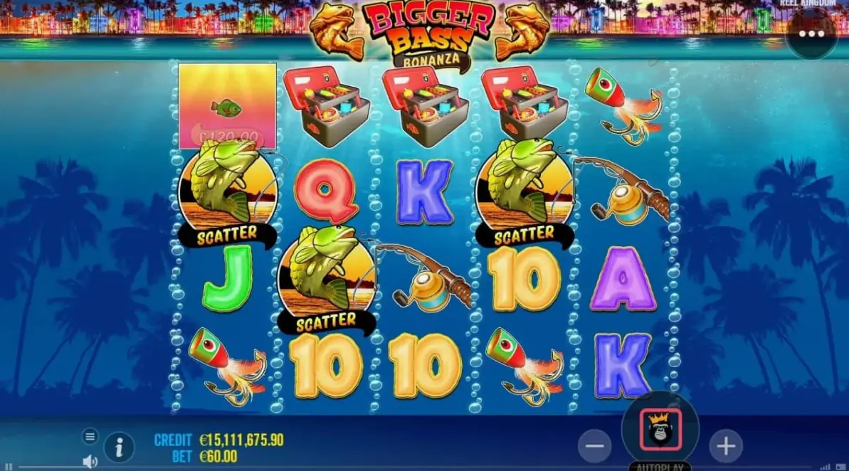 Bigger Bass Bonanza game interface showing reels and special features
