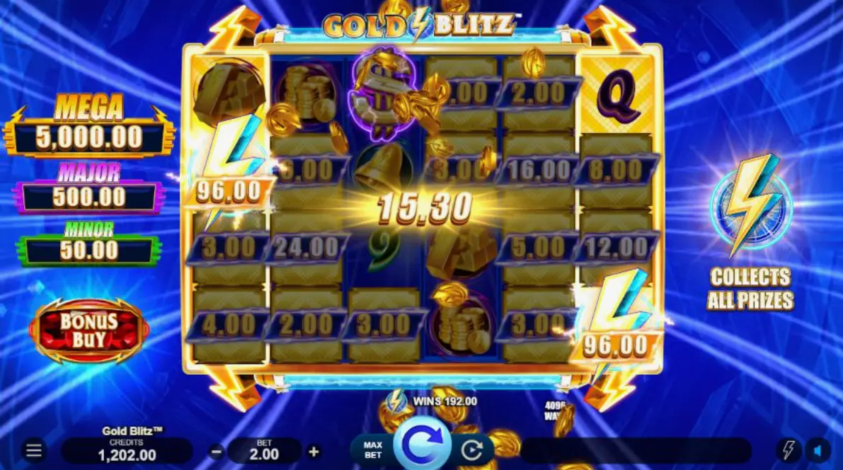 Gold Blitz game interface showing main screen with reels and controls