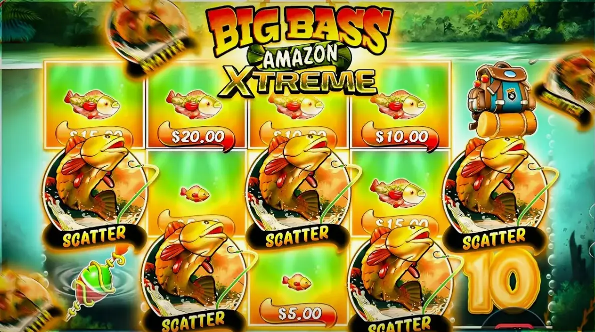 Game interface showing the main features of Big Bass Amazon Xtreme slot
