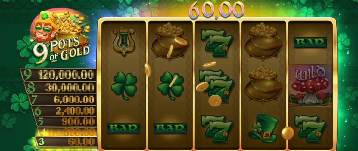 Bonus feature screen from 9 Pots of Gold slot showing potential rewards