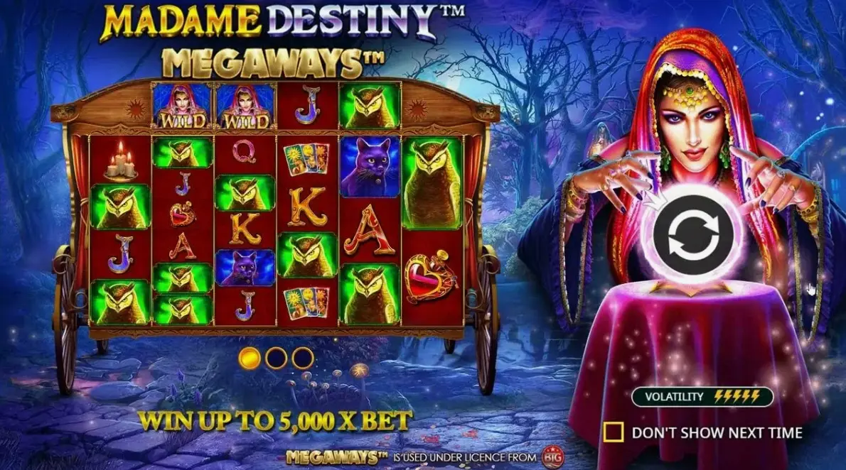 Madame Destiny Megaways game interface with bet selection panel and spin button