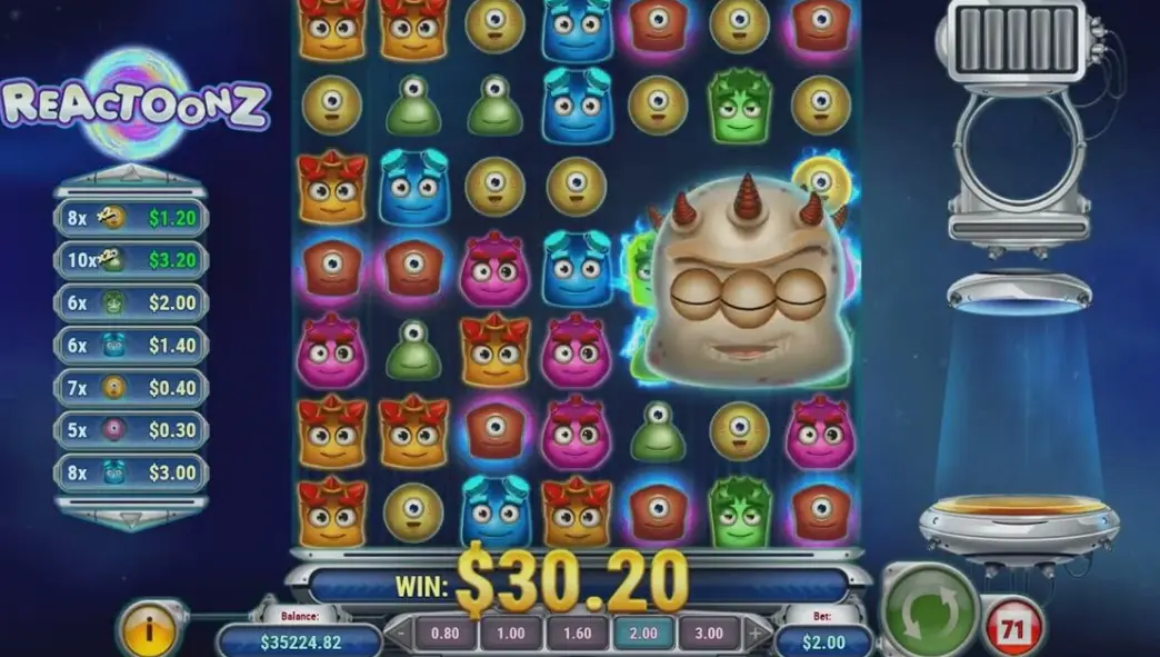 Reactoonz game interface showing starting screen