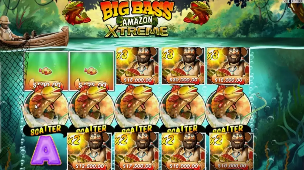Screenshot showing a big win moment in Big Bass Amazon Xtreme slot