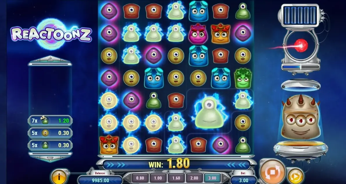 Reactoonz game showing winning combination and features