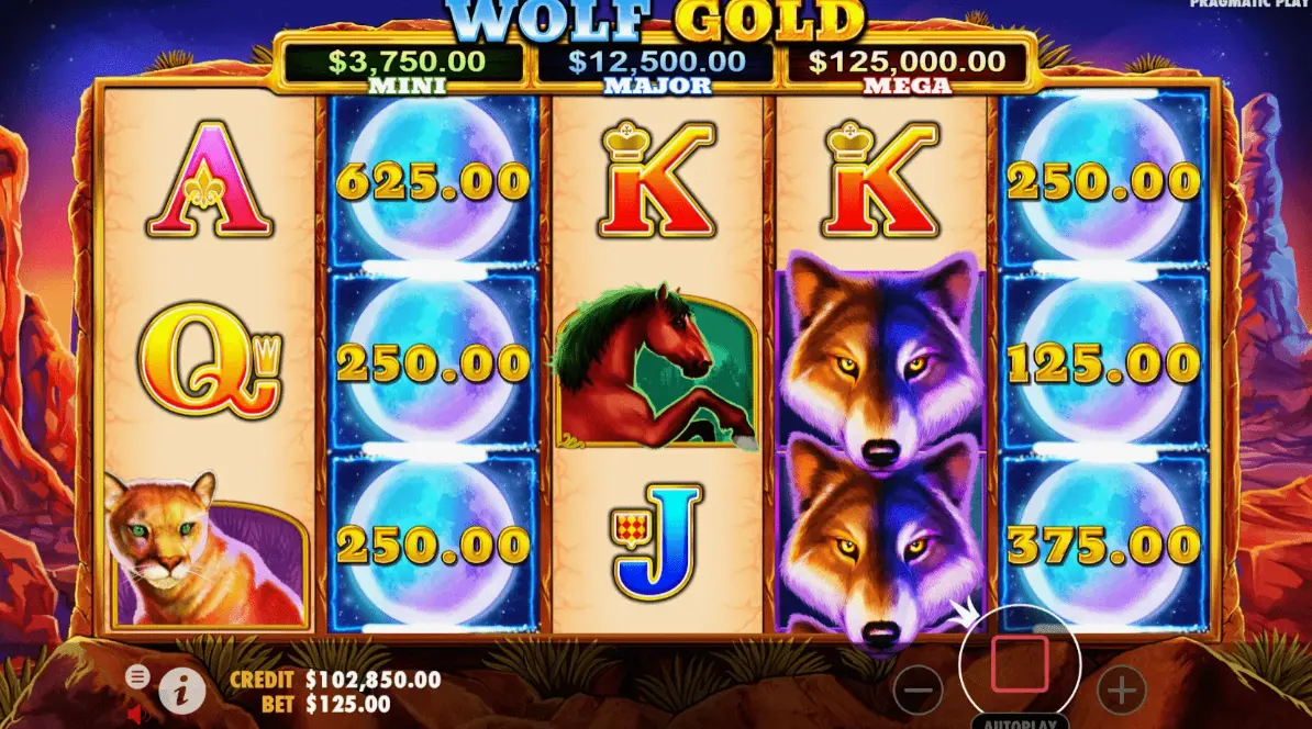 Wolf Gold game demo mode with free play option highlighted