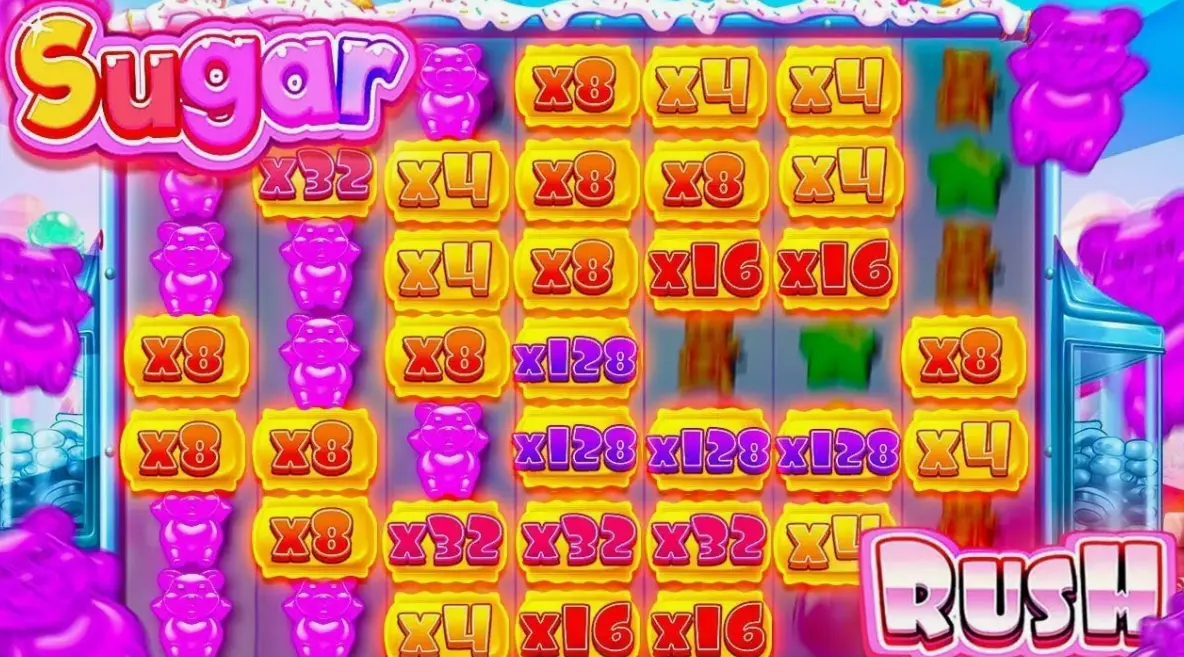 Sugar Rush slot game interface with colorful candy symbols