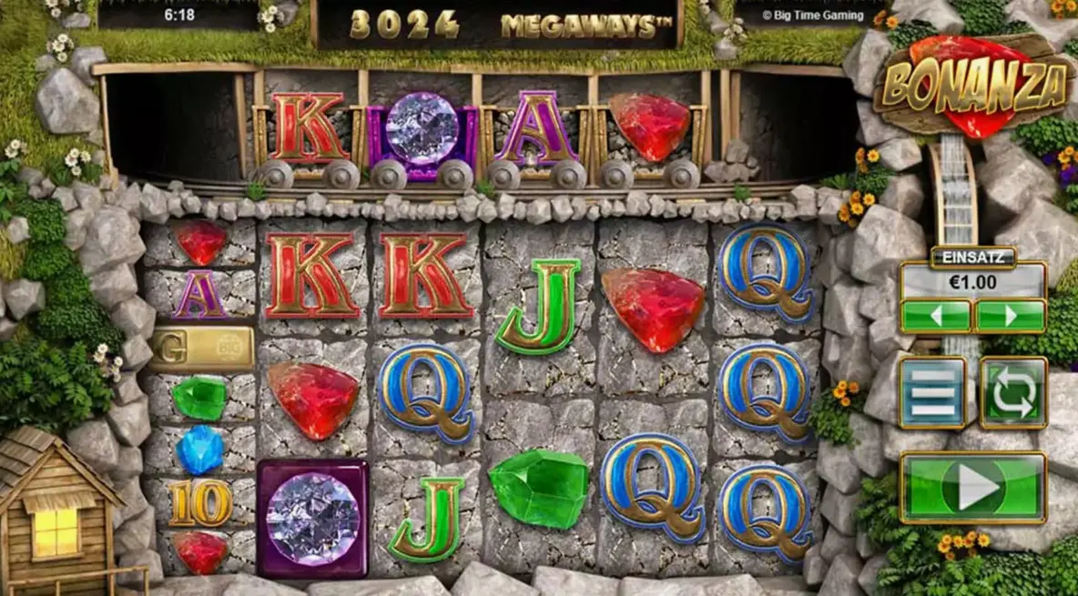 Bonanza slot game interface showing mining theme and reels