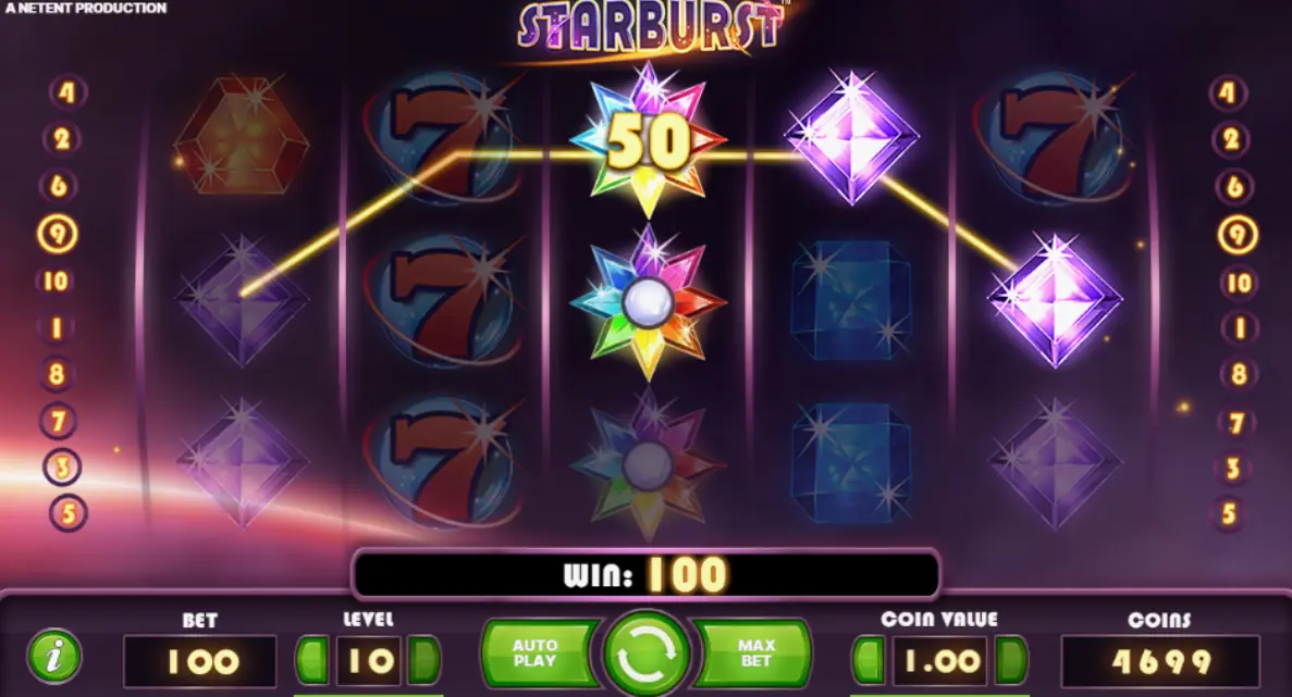 Starburst slot game features showing bright cosmic symbols and expanding wilds